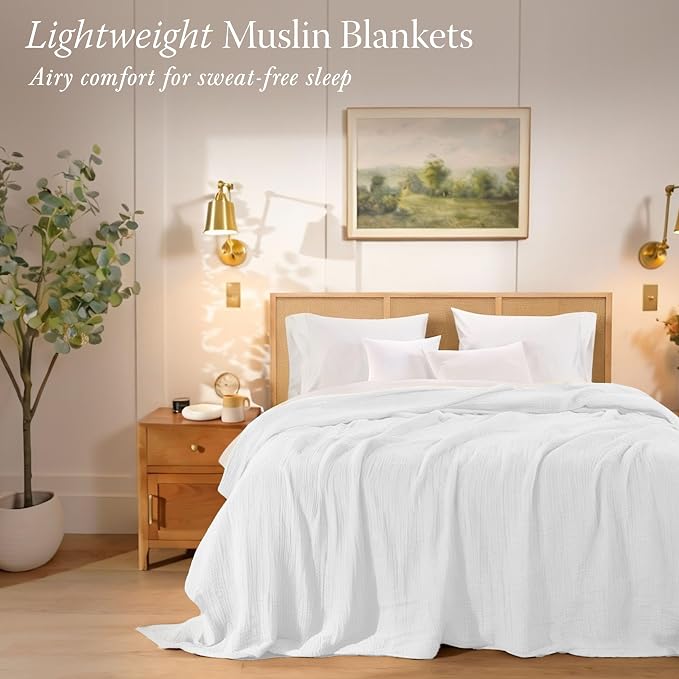 Threadmill Muslin Twin Blanket | Pre Washed, Soft, Breathable and Lightweight Summer Blanket | 4-Layer Gauze Blanket for Kids and Adults | Twin Size Throw Blanket Seasons | White