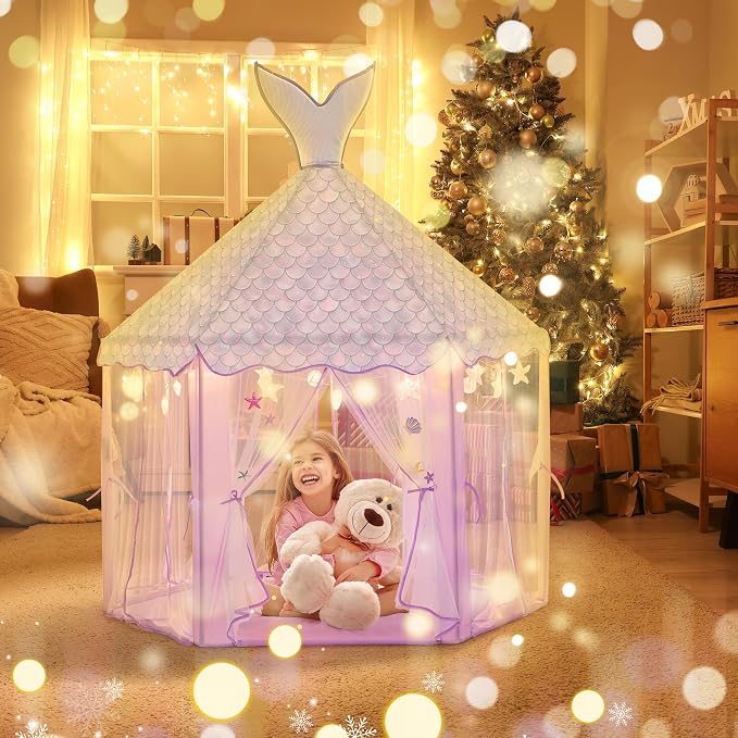 BRINJOY Princess Tent for Girls with Lights, Large Pretend Play Tent Castle w/Carry Bag & Stickers & Detachable Fishtail Top Indoor Outdoor, 67”x55” Ocean-Theme Kids Playhouse Gift for Toddler Age 3+