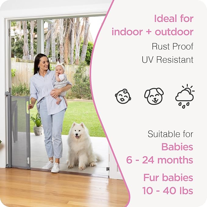 Retractable Baby Gate Perma Child Safety 41" Tall x 71??Wide, Mesh, for Stairs, Doorways, Dogs, Pets, Indoor, Outdoor, One-Handed Operation, Locking, Easy Install, Hardware Mount, Gray