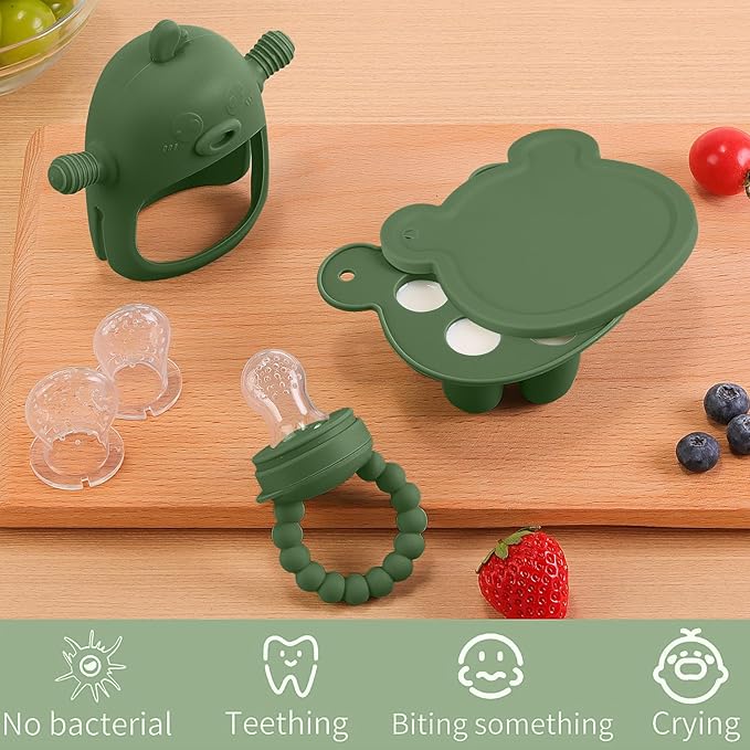 3-in-1 Baby Food & Fruit Feeder Set ??Breastmilk Popsicle Mold with Freezer Tray, Teething Relief Toy, BPA Free Infant Silicone Feeding Combo, 3 Bonus Sizes (S/M/L) Sacs (Olive Green)