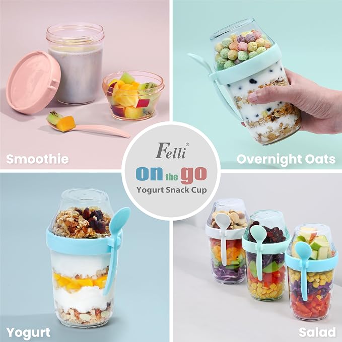 Felli On The Go Yogurt Parfait Snack Cup with Lid, Reusable Leak Proof Acrylic Travel Container for To Go Cereal Granola Milk, 12 oz Clear Mason Jar with Spoon & Crunch Fruit Holder (2, Yellow)