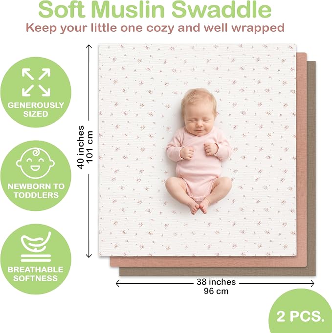 Organic Muslin Baby Blanket 3-Pack Olive, Cinnamon & Wildflower, 38x40 Inch 100% Organic Cotton Oeko-TEX Certified Ultra-Soft Swaddle Blankets for Newborn, Baby Girl Shower Gift Set
