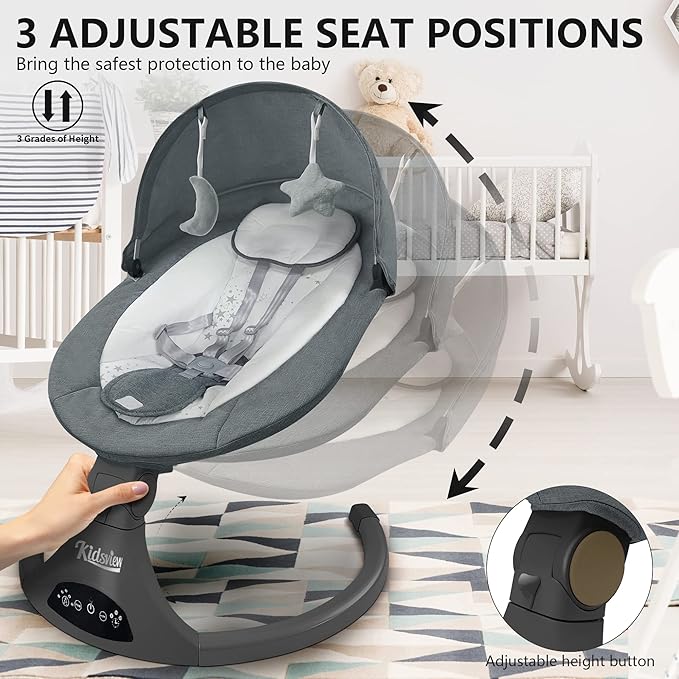 Portable 5 Speed Baby Rocker with Music, Remote Control, and Touch Screen for Infants - Suitable for 0-9 Months, 5-20 lbs, Gray (CR010A-1-GREY)