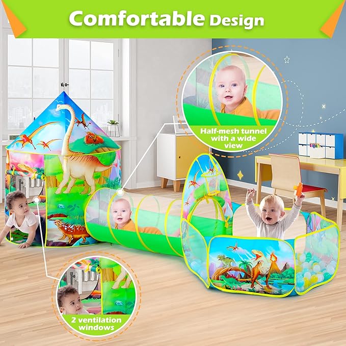 GeerWest 3PC Dinosaur Tent for Girls with Kids Ball Pit, Kids Play Tents and Crawl Tunnel for Toddlers, Pink Pop Up Playhouse Toys for Baby Indoor& Outdoor Tent Games, Birthday Kid?™s Gifts