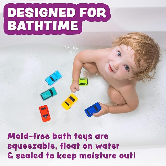 Tub Works® Everyday Cars??Watertight Baby Bath Toys, 6 Pack | Sealed, No Hole Bath Toys Design Keeps Moisture Out | Soft, Squeezable & Floating Fun | Infant, Baby & Toddler Bath Toys | Car Tub Toys
