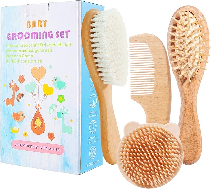 Baby Hair Brush Set for Newborns, Wooden Baby Brush & Comb - Toddler Cradle Cap Brush, Ultra Soft Goat Hair Bristles, Baby Grooming Kit for Baby Showers & Registries Gift Set