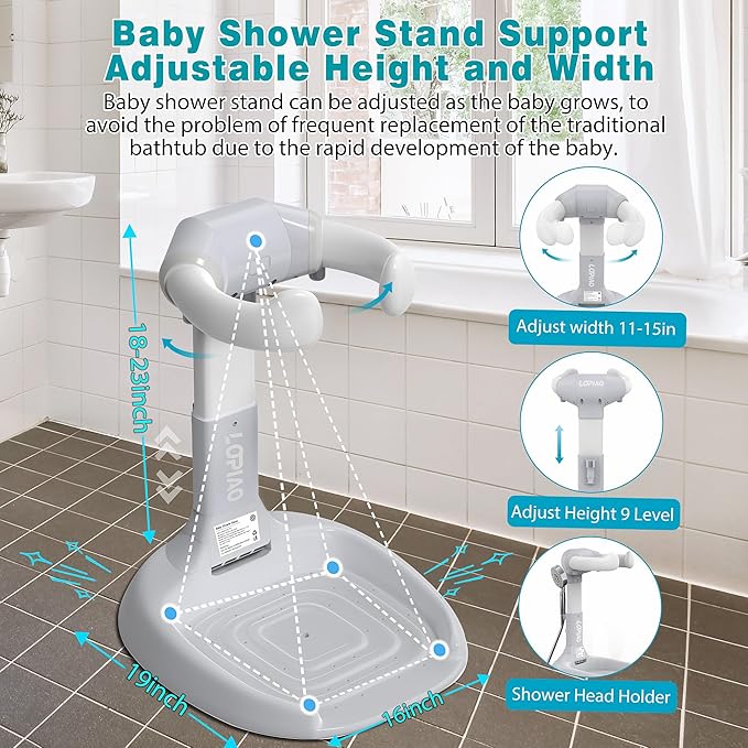 Baby Shower Stand, Adjustable & Foldable Baby Bath Stand with Anti-Slip Base,Anti-Pinch Silicone,Baby Shower Standing Support (6-36 Months),Portable Toddler Shower Stand| Soporte para Bañera de Bebé