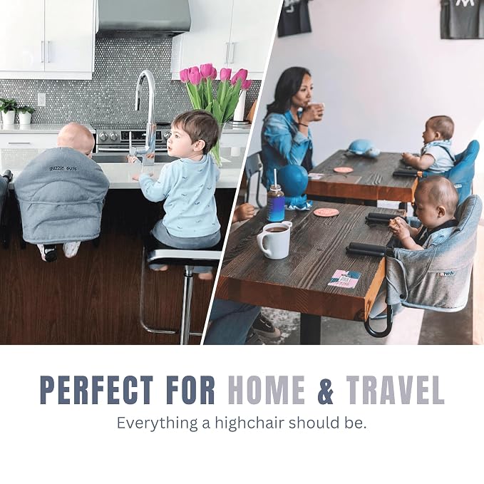 guzzie+Guss Perch Clip-On Table Chair – Easy Setup for Travel (Restaurants, Picnics), at Home (Kitchen Islands, Dining Tables) - Secure & Portable Seating, Machine Washable Fabric - Salt & Pepper