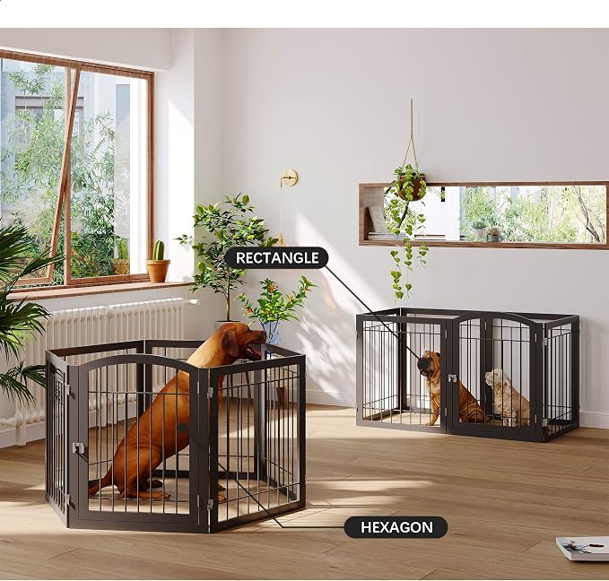 JSB 144-inch Extra Wide 30-inch Tall Dog gate with Door Walk Through, Freestanding Pet Gate for Halls, Stairs & Home, Pet Puppy Safety Dog Fence with 2PCS Support Feet (Black)