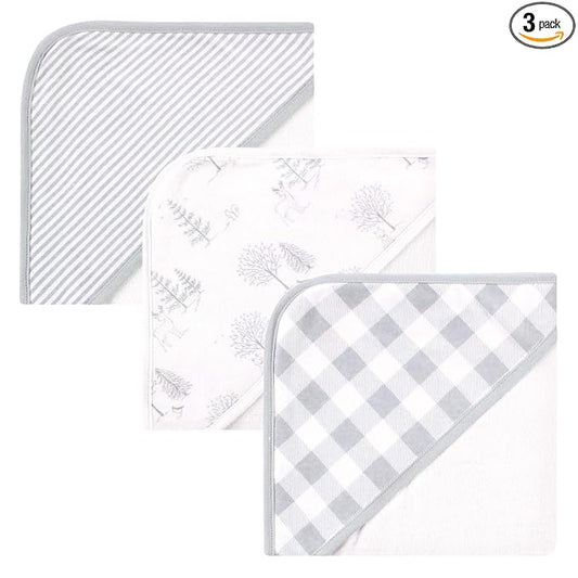 Touched by Nature Unisex Baby Organic Cotton Hooded Towels, Gray Woodland, One Size