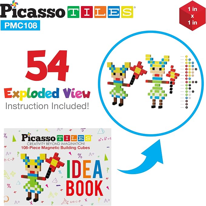 PicassoTiles 108PC Magnetic Puzzle Cube + Toys Carrying Case, 1" Pixel Mix & Match Cubes w/Free Idea Book Sensory Toys, Magnetic Tiles Construction Block Travel Bag, Waterproof Storage Organizer Box