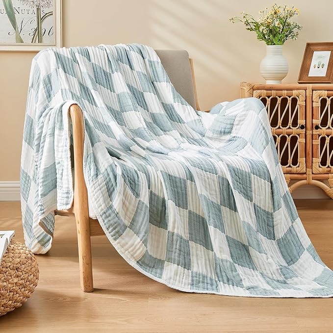 EMME Cooling Muslin Twin Blanket - Checkered Lightweight Summer Cotton Blankets of Rayon Derived from Bamboo for Hot Sleepers, Ultra Soft Breathable All Season Gauze