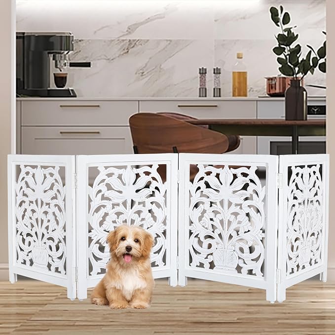 Lightnpro Foldable Carved Wooden Dog Gate 72 Inch - Pre Assembled Freestanding Indoor Pet Barrier for Home, Adjustable Dog Fence for Stairs, Doorways & Hallways - 24x18 Inch (4 Panels) Antique White