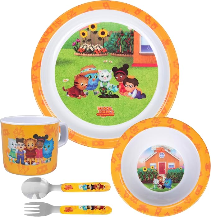 Daniel Tiger's Neighborhood Daniel Tiger Mealtime Feeding Set for Kids and Toddlers - Includes Plate, Bowl, Cup, Fork and Spoon Utensil Flatware - Durable, Dishwasher Safe, BPA Free (5 pieces,Yellow)