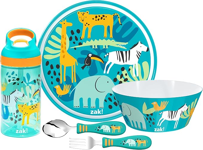 Zak Designs 5-Piece Dinnerware Set, Safari - Durable Plastic & Stainless Steel - Includes Water Bottle, 8-Inch Plate, 6-Inch Bowl, Fork & Spoon - Suitable for Kids Ages 3+
