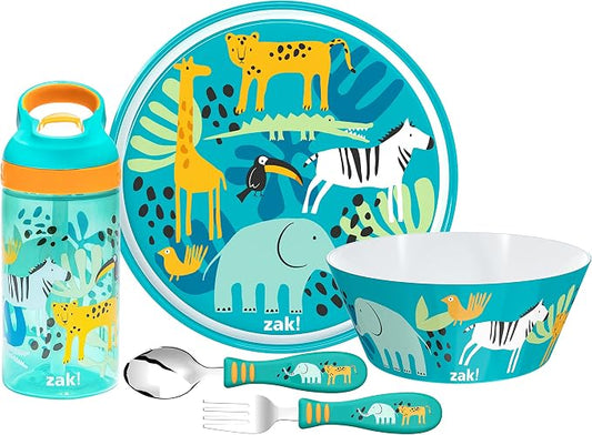 Zak Designs 5-Piece Dinnerware Set, Safari - Durable Plastic & Stainless Steel - Includes Water Bottle, 8-Inch Plate, 6-Inch Bowl, Fork & Spoon - Suitable for Kids Ages 3+