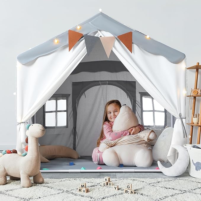 besrey Kids Tent, Kids Play Tent 2 in 1 with Padded Mat and Lights, Large Playhouse with 2 Doors & 4 Windows, Indoor & Outdoor, Halloween Toddler Playhouse, 51" x35" x 51" (Gray)