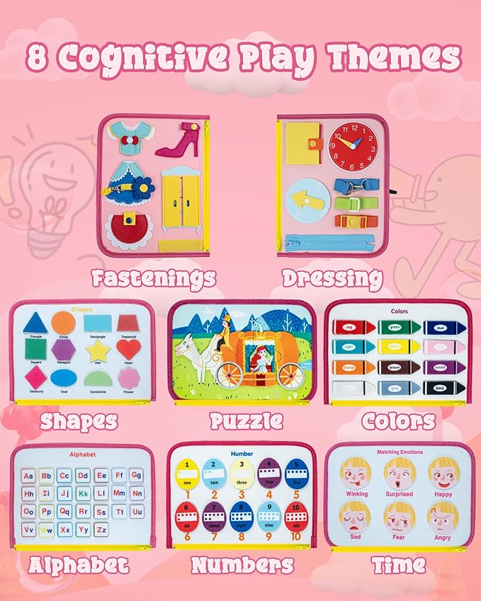 Pink Montessori Busy Board for Toddlers,8-Page Sensory Activity Book for Fine Motor Skills & Basic Dress Learning, Portable Travel Toy for Preschool Kids, Portable Travel Gift for Preschool Girls
