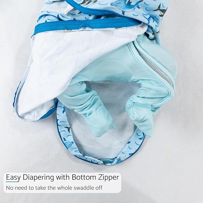 LollyBanks Baby Swaddles, 100% Cotton Baby Boy Sleep Swaddle, 0-3 Months Swaddle Sack for Boys with Easy Change Zipper, Ocean Themed Newborn Swaddles Nursery Swaddling Blankets (Shark Print)
