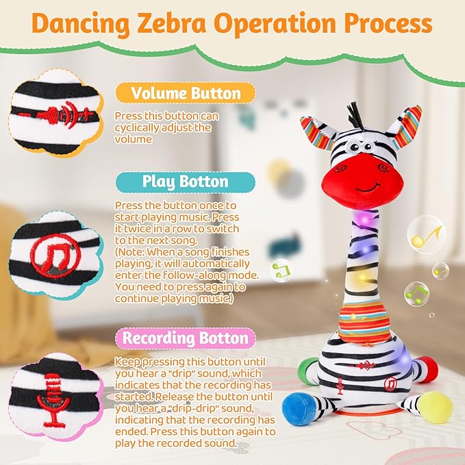 Dancing Talking Zebra Toy, Stuffed Animal Baby Toy Repeating What You Say, Easter Toys for Kids Glowing Musical Electronic Zebra with Striped Plush Gifts for Toddlers 1-3 Years Old