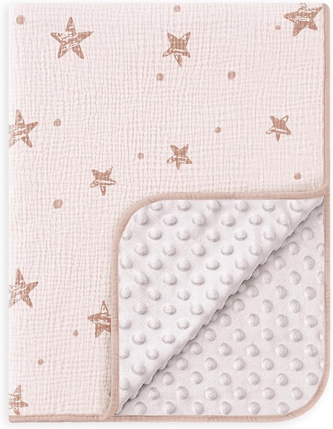 Susurration Baby Blanket for Unisex Boys Girls, Soft Nursery Minky Blanket with Muslin Cotton Front and Dotted Fleece Back, Receiving Blanket for Baby Newborn Infant, 30x40inch (Pink Star)