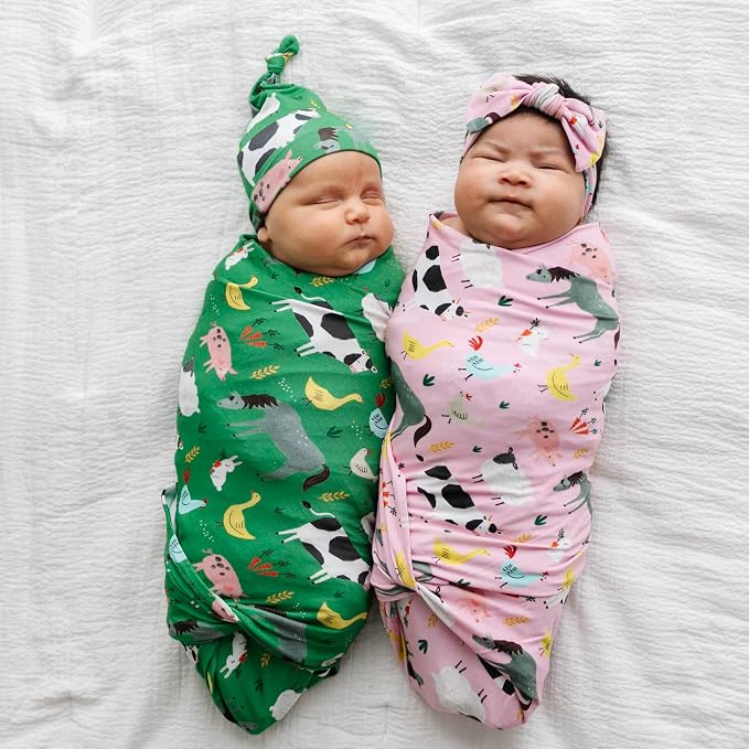 Little Sleepies Swaddle & Hat Set, Baby Swaddles Newborns, Soft Viscose from Bamboo Swaddle Blanket Wrap (Green Farm Animals)