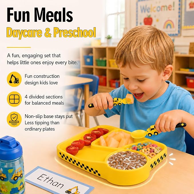 Deinyi Fun Construction Toddler Plates & Utensils - Divided Non-Tip Plate for Ages 1 2 3 4 5 6 7 - Perfect Birthday Party Gift for Boys & Girls - Yellow