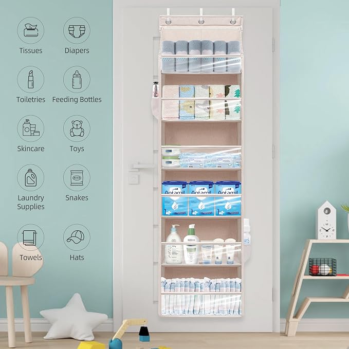 Over Door Organizer with 6 Extra Large Pockets 12 Side Pockets, Sturdy Closet Storage Rack, Hanging Storage Organizer with Clear Window for Shoes, Diaper, Bedroom, Bathroom, Beige, 3-Pack
