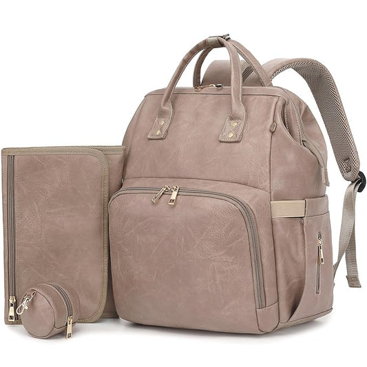 ROSEGIN Premium Vegan Leather Diaper Bag Backpack with Waterproof Changing Pad ??Reinforced Stitching & Zippers, Baby Bag for Boy Girl, Stroller Straps, Ergonomic Design for Traveling Moms, Taupe