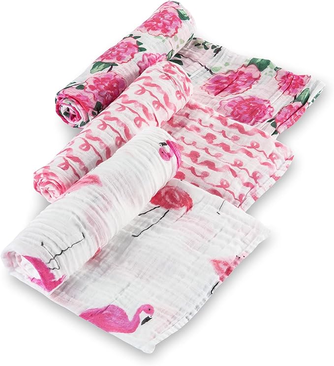 LollyBanks Muslin Swaddle Blankets, 100% Cotton Baby Swaddle Blanket for Girls, Soft and Large 47 x 47 Inches Newborn Swaddle, Breathable Baby Receiving Blankets, Registry (Flamingo and Flower 3 Pack)