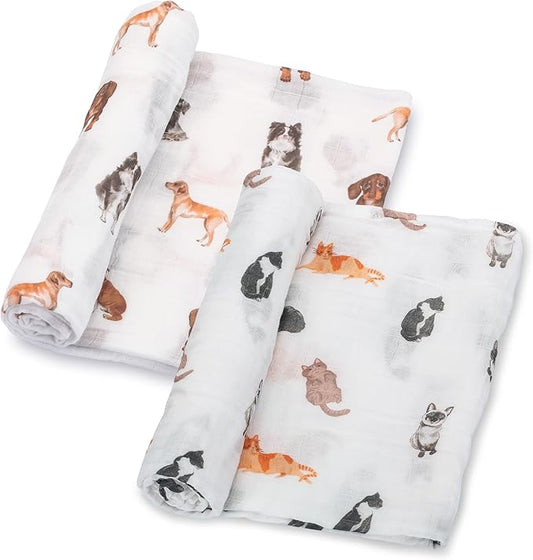 LollyBanks Baby Blankets 2 Pack, 100% Organic Cotton Muslin Swaddle Blankets for Boys and Girls, Soft and Breathable 47 x 47 Inches Newborn Receiving Blanket, Baby Essentials Must Haves (Cat and Dog)