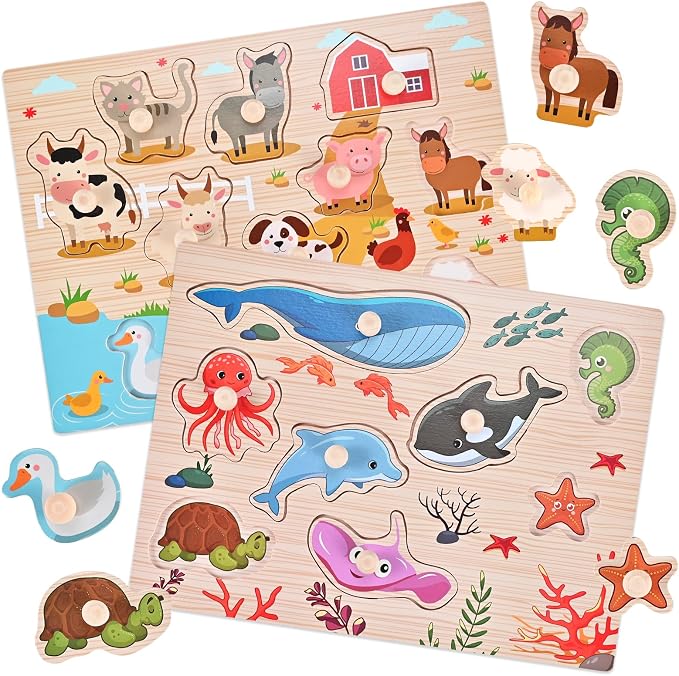 Wooderma Wooden Peg Puzzles for Toddlers 1-3, 2 Pcs Upgraded Montessori Educational Learning Puzzle Toy - Animal & Sea Themes Puzzles, Great Preschool Gifts for Girls and Boys (8.86 * 11.61 * 0.3in)