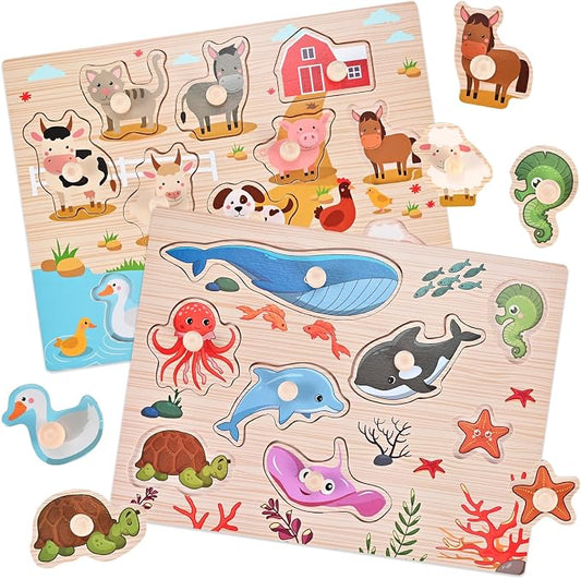 Wooderma Wooden Peg Puzzles for Toddlers 1-3, 2 Pcs Upgraded Montessori Educational Learning Puzzle Toy - Animal & Sea Themes Puzzles, Great Preschool Gifts for Girls and Boys (8.86 * 11.61 * 0.3in)