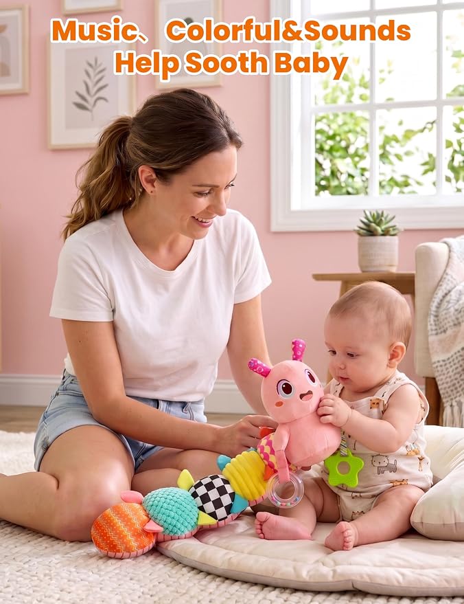 Musical Caterpillar Baby Sensory Toy for Infant Development 0-12 Months – Newborn Bath, Car Seat, Stroller & Bassinet Activity Toy & Gift – Tummy Time Crawler & Teether(Pink)