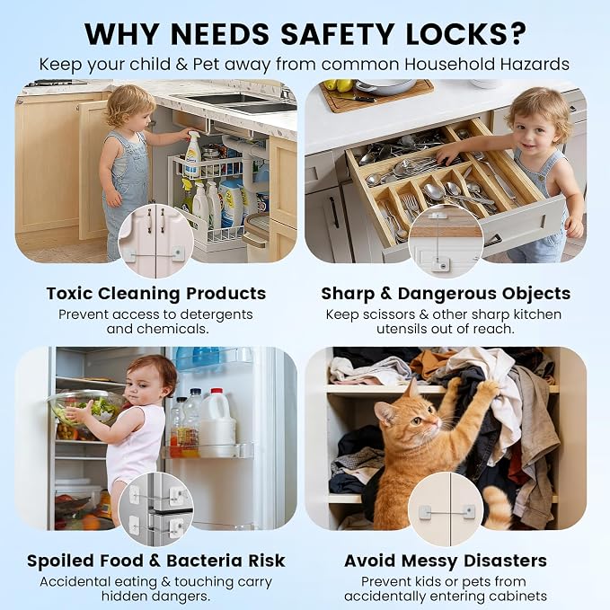 4 Pack Mini Fridge Lock, Child Proof Cabinet Lock with 4 Keys, Upgraded Refrigerator Locks Baby Proofing for Freezer, Cabinets, Drawers, Air Fryer, Closets, Windows and Doors, NO DRILLING