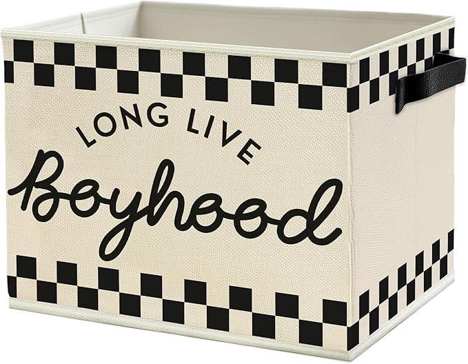 Black and White Checkered Long Live Boyhood Boys Storage Bins Box with Handles, Collapsible Basket Organizer for Kids Teen Boy Nursery Room Bedroom Bathroom Playroom Toys Books Clothes
