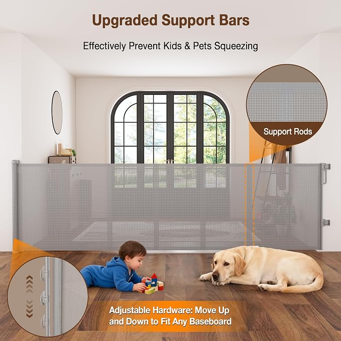42'' Extra Tall Retractable Baby Gates with Reinforced Strip, Mesh Saftey Gate for Pets, 71'' Wide Retractable Gate, Anti-Escape Tall Dog Gates, No Drilling, Retractable Gate for Indoor/Outdoor,Grey