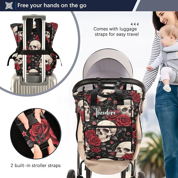 Custom Name Gothic Red Rose Skull Diaper Bag – Large Capacity for Mom Dad