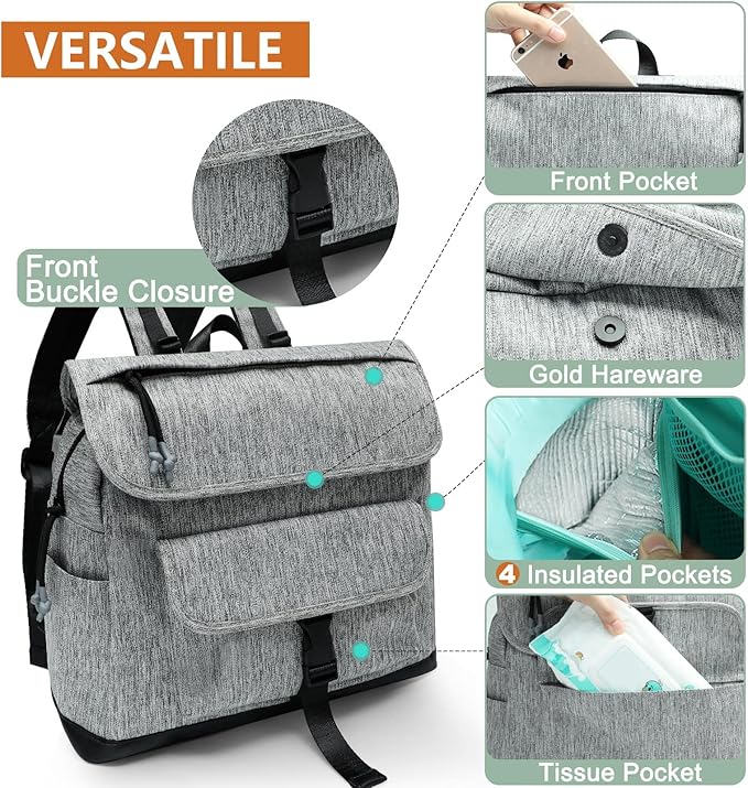 MOMINSIDE Diaper Bag Backpack, Small Diaper Bag, Mini Baby Diaper Bag with 12 Pockets, 4 Insulated Pockets, Changing Pad, Stroller Straps(Grey)