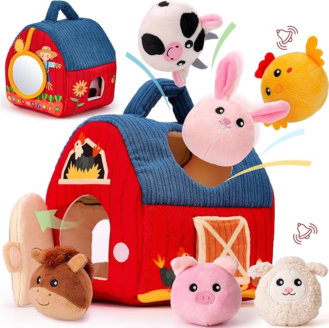 hahaland Baby Toys 6-12 Months - Surprise Barn Stuffed Farm Animals, Rattle, Crinkle, Mirror, Montessori Toys for 6 Month Old Sensory Balls 1-3, Baby Boy Gifts, Farm Plush Toys for Babies Travel Toy