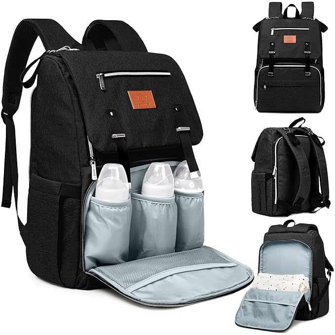 KeaBabies Baby Diaper Bag Backpack with Changing Pad - Waterproof Baby Bag for Mom and Dad, Insulated Bottle Pockets, Durable Toddler, Twin, Boy Girl Diaper Backpack for Travel, Large (Trendy Black)