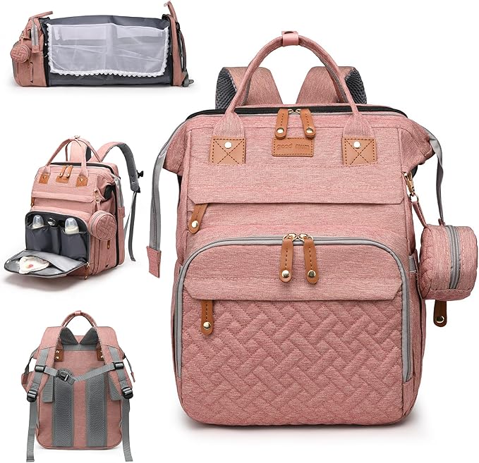 Baby Diaper Bags with Changing Station, Large Capacity Diaper Bag Backpack for Moms Dads with USB Charging Port,Travel Baby Bag with Pacifier Case & Stroller Straps(Up-Pink)