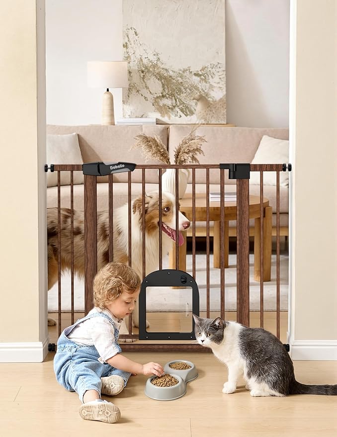 Babelio CatPrivilege ??Baby Gate with Cat Door, 29"-43" Adjustable Black Wood Pattern Pet Door, 30" Tall Pressure Mounted Safety Gate for Stairs & Doorways, Auto Close,Wall Protectors Included