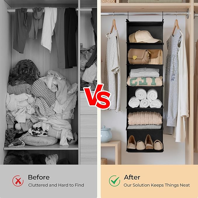 GRANNY SAYS 6 Shelf Hanging Closet Organizers and Storage, Collapsible Closet Hanging Organizer with 2 Sturdy Hooks, Large Hanging Shelves for Weekly Clothes Organizer, Black
