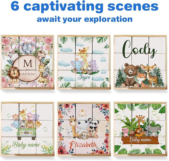 Custom Name Wooden Cube Puzzles for Kindergarten Boys Girls, 9 PCS Animals Puzzle with Storage Tray for 2-4 Years, Personalized 6 Puzzles in 1 Toy for Preschool Kids