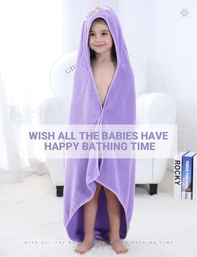 MICHLEY Toddler Hooded Bath Towels for 0-6T, Baby Essentials Cotton Absorbent Kids Washcloth (Owl)