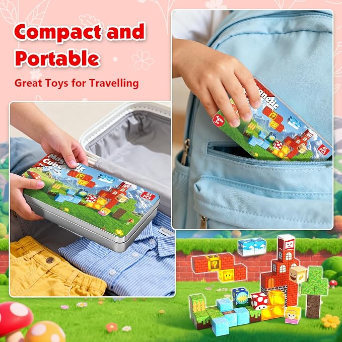 Annexfun Magnetic Blocks with Light Up Blocks - 45PCS Travel Magnetic Building Blocks for Toddler,STEM Educational Cubes Toys for Kids Ages 3 4 5 6 7 8 Year Old Boys Girls Christmas Birthday Gifts
