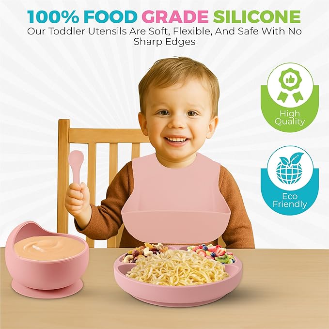 SiliFun 8-Piece Silicone Baby Feeding Set ??Complete Infant Mealtime Kit with Suction Bowl, Divided Plate, Bib, Spoon, Fork & Cup ??BPA-Free, Dishwasher Safe ??Gift-Ready in Premium Branded Packaging