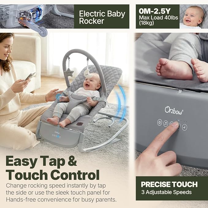 Orzbow Electric Baby Rocker & Toddler Chair, 3-Speed Auto-Rock, Up to 40lbs | Timer 30/60Min, 8 Soothing Melodies, 3 Recline Positions, 5 Volume Levels, Battery or Plug-In Powered, Machine-Washable Cover