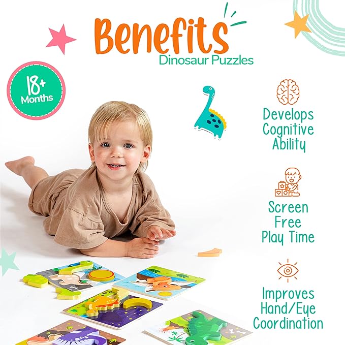 Klevly 6 PK Dinosaur Wooden Toddler Puzzles Ages 2-4 | Wooden Puzzles for Toddlers 18 Months to 3 Yrs | Montessori Toys for 2 Year Old | Learning Toys for 2+ Year Olds